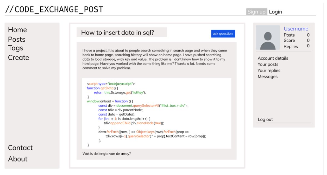 Wireframe voor vragenpagina