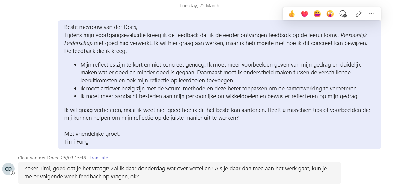 Screenshot van het gesprek